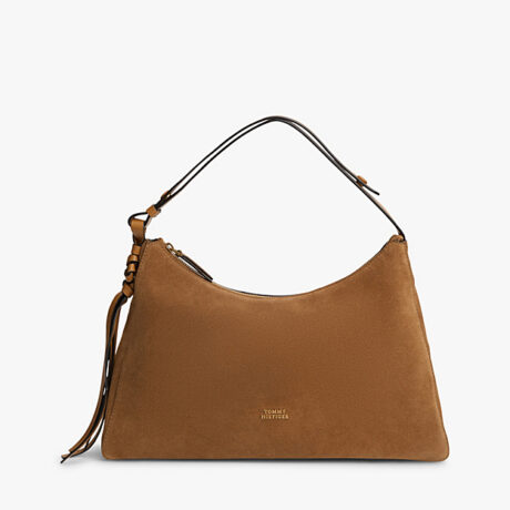 Metal Logo Suede Shoulder Bag